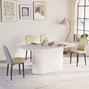 Tavolo da Pranzo in Stile Moderno Medievale da 160 cm in MDF Color Crema con Set di 4 Sedie da Pranzo in PU, Piano in Metallo Nero e Gambe in Metallo - Product Image 2