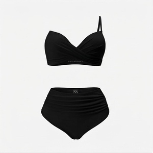 NORTH APPROACH Women's Black 2 Piece Bikini Set <b>Crossed</b> Halter <b>Top</b> High Waist Bottoms Solid Color Swimwear - Product Image 1