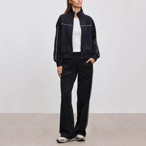 Custom Black Women's Piping <b>Track</b> <b>Jacket</b> & Pant 2 Pieces Women's Tracksuits Cotton Blend Breathable Streetwear Women Sweat Suit - Product Image 1