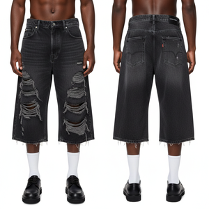 Shorts en jean délavé personnalisés pour hommes, respirants, avec logo de marque, taille mi-haute, Jorts - Product Image 1
