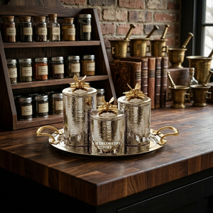 <b>Set</b> of 3 Hammered Metal Jars on Serving Tray with Decorative Gold Butterfly Lids Luxury <b>Tea</b> <b>Coffee</b> and <b>Sugar</b> Container <b>Set</b> - Product Image 3