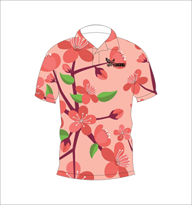 เสื้อโปโลลายดอกซากุระสีชมพู ลายกิ่งสีแดง ลายใบไม้สีเขียว แขนสั้น ลำลองสำหรับฤดูร้อน มุมมองด้านหน้าและด้านหลัง - Product Image 4
