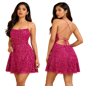 Robe mini à paillettes rose bonbon pour femmes |   Robe dos nu à lacets, à fines bretelles, scintillante, sans manches, coupe évasée, style A-line, pour club, cocktail, soirée - Product Image 3