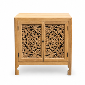 Handcrafted Solid Wood Carved 2 Door Cabinet with Ornate Floral Panels <b>Rustic</b> Indian Boho Style Storage <b>Sideboard</b> Furniture - Product Image 1