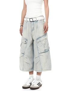 Wholesale Summer Unisex Hip Hop Breathable Mid Waist Denim Shorts <b>Black</b> Wash Baggy Work Vintage Raw <b>Edge</b> Casual Jorts Big Pocket - Product Image 3