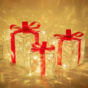 Set di 3 Scatole Regalo Natalizie Trasparenti con 60 LED Bianco Caldo, Eleganti Decorazioni per Regali, Rosso B - Product Image 4