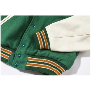 Blouson universitaire vert pour homme avec manches crème, fermeture éclair sur le devant, col rabattable, style Letterman, veste bomber de baseball, vêtement d'extérieur décontracté - Product Image 3