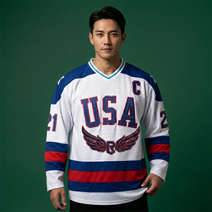 Camiseta de Hockey sobre Hielo de EE. UU. para Hombre, Manga Larga, Cuello en V, Bordado, Poliéster que Absorbe la Humedad, Uniforme, Corte Regular para Adultos - Product Image 6