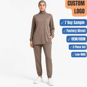Custom 260GSM 3 Piece Modest Gym Fitness Set <b>Raglan</b> <b>Top</b> Jogger Hijab OEM ODM Wholesale - Product Image 1
