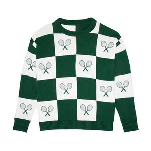 Suéter de Mujer Personalizado al por Mayor, 100% Algodón, Bordado, para Tenis o Golf, Cuello Redondo, Tejido de Punto de Alta Calidad 12GG, Diseño a Cuadros, OEM - Product Image 5