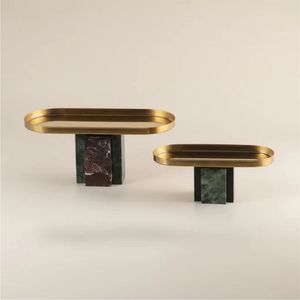 Plateau décoratif en laiton de luxe nordique avec base en marbre vert, support à gâteau surélevé, plateau à fruits, décoration élégante pour table de salon, cadeau - Product Image 2