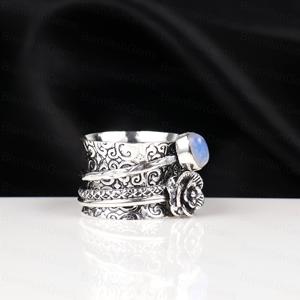 925 Sterling <b>Silver</b> Plated <b>Spinner</b> Opalite <b>Ring</b> for Women Vintage Handmade Floral Rose Detail Wide Band Wholesale Jewelry - Product Image 5