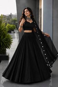 Ensemble Lehenga Choli pour femmes, noir, orné de miroirs, avec dupatta, longueur au sol, tenue ethnique indienne - Product Image 2