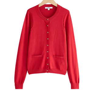 Cárdigan de punto de algodón suave con botones de lazo rojo y cuello redondo para mujer, suéter de manga larga con bolsillos, ropa al por mayor, top. - Product Image 3