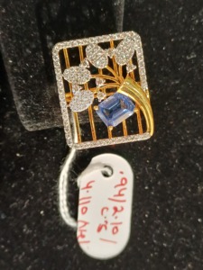 Luxury 14K <b>Gold</b> Square Floral <b>Ring</b> with Blue Stone Center and Sparkling CZ Border Jewelry for Women - Product Image 4