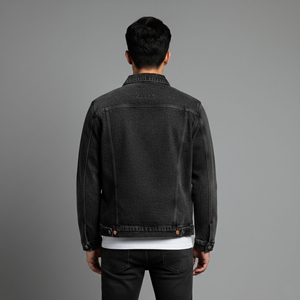 Veste en jean pour homme 2026 personnalisée, 100 % coton, coupe longue et ample, noire unie, avec logo frontal, style vintage, coupe-vent, boutonnée - Product Image 3