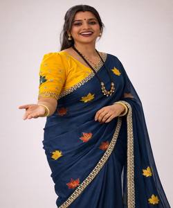 Sari de seda Rangoli de lujo con bordado Jari y espejos auténticos, blusa sin coser, para fiestas, precio mayorista, prendas étnicas, amarillo. - Product Image 5