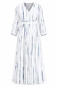 Vestido midi con cuello en V y efecto tie-dye para mujer, manga 3/4, corte en A, holgado, informal, de verano, de viscosa, con rayas blancas y azules, cintura imperio, estilo fluido. - Product Image 3