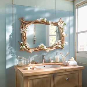 Espejo con Marco de Madera Rústico con Flores Blancas, Decoración de Baño para Montar en la Pared, Diseño Rectangular Hecho a Mano - Product Image 4