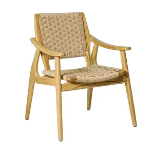 Chaise de salle à manger en teck massif de qualité supérieure, assise et dossier en corde tressée à la main, durable, écologique, légère, moderne, pour l'intérieur et l'extérieur - Product Image 1