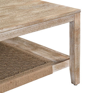Mesa de centro rústica de madera maciza con estante de almacenamiento de yute tejido, acabado en blanco envejecido, mesa de cóctel para la sala de estar del hogar - Product Image 6