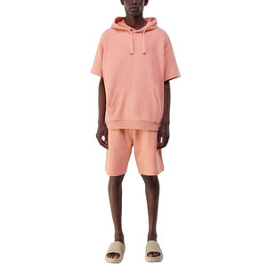 Nouveaux ensembles de shorts pour hommes tendance, de haute qualité, 100% coton tricoté, respirant, décontracté, motif uni, été, ensembles à capuche 2 pièces - Product Image 6