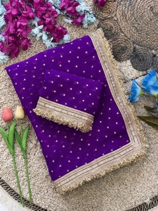 <b>Purple</b> Polka Dot Silk Dupatta With Gold Border Traditional Indian Wear For Women Wedding Occasion All Seasons - Product Image 2