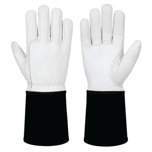 Holy Signs International HSI-0018 White Leather Welding <b>Gloves</b> with Black Cuff Straight Thumb Cotton Lined for TIG Use - Product Image 1