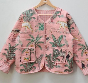 Chaqueta Acolchada para Mujer, Cuello en V, Manga Larga, Estampado Animal, Patrón de Tigre Naranja y Rosa, Poliéster, Abrigo de Otoño - Product Image 4