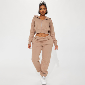 Women's Beige Cropped Hooded Zip-Up Sweatshirt <b>Set</b> With <b>Matching</b> <b>Joggers</b> Casual Fleece Two-Piece Outfit Full Sleeve Loose Fit - Product Image 1
