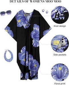 Robe maxi kaftan à imprimé floral à col en V et manches longues, coupe ample, respirante, tenue décontractée d'été, noire avec des fleurs bleues - Product Image 3