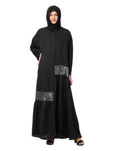 Robe longue en coton noire pour femme, style Abaya, coupe ample, manches longues, broderie florale, tenue modeste quotidienne, style Moyen-Orient - Product Image 4