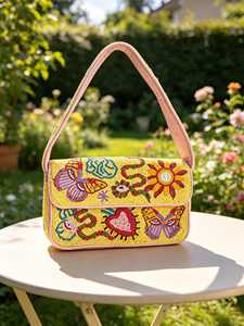 Bolso de Hombro Bohemio con Bordado de Cuentas y Patrón Geométrico, Correa Única, Hecho a Mano, Ecológico, de Poliéster - Product Image 1