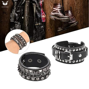 For Wholesale Rate New Trendy Product Black PU Leather Bracelet with Metal Studs and Chain Detail Fashion Wristband For <b>Men</b> - Product Image 5