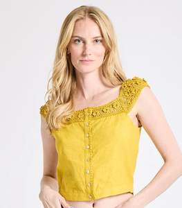 Top corto da donna senza maniche in cotone con bottoni frontali in pizzo all'uncinetto, top casual estivo giallo - Product Image 1
