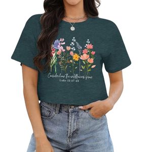 Vintage Floral Graphic Dark Green T Shirts Polyester Loose Fit Hot Sale Printed Fashion Streetwear Womens <b>Crop</b> <b>Tops</b> - Product Image 1