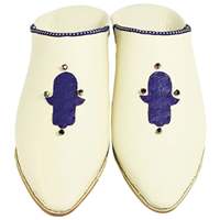 Babouches marocaines pour hommes, pantoufles en cuir blanc avec doublure en cuir véritable bleu marine et semelle intérieure en caoutchouc, chaussures de confort domestique