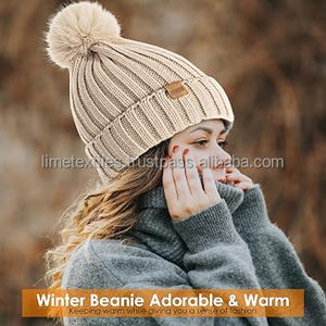 Wholesale Unisex Winter Keep Warm Custom Logo Knitted <b>Beanie</b> 3D Embroidery Pom Pom 100% <b>Wool</b> Silk Satin Lining Adjustable Travel - Product Image 5
