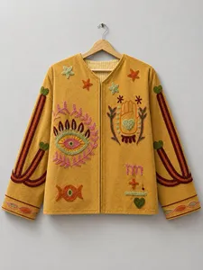 เสื้อคลุมคาร์ดิแกนปักลายสีเหลืองมัสตาร์ดสไตล์โบฮีเมียนสำหรับผู้หญิง พร้อมลายตาและลายฮัมซาทำมือ แขนยาว คอวี เสื้อแจ็คเก็ตสำหรับฤดูใบไม้ร่วง - Product Image 5
