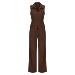 Women's Sleeveless <b>Blazer</b> <b>Set</b> With Turn-down Collar And Wide Leg Pants Loose Fit Spring Summer Minimalist Style - Product Image 3