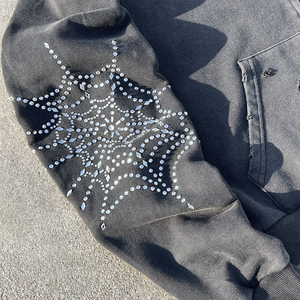 Nouveau sweat à capuche zippé en coton OEM personnalisé, style streetwear ample, vintage, effet vieilli, délavé à l'acide, avec strass, pour fabricants - Product Image 2