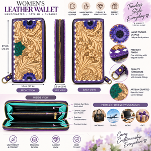 Cartera de mujer de cuero genuino de 19 cm, cartera larga floral hecha a mano con cremallera, bolsillo para monedas y ranuras para tarjetas - Product Image 6
