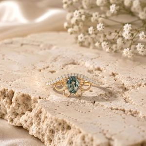 Natural <b>Green</b> Moss Agate Pear <b>Ring</b> Nature Inspired Engagement <b>Ring</b> Handmade 925 Sterling Silver 18K Gold Filled Wedding <b>Ring</b> - Product Image 1