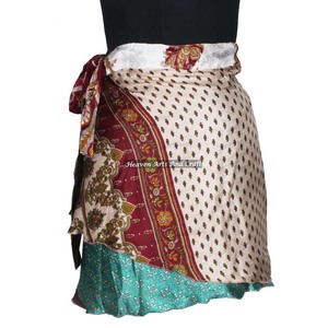 Vintage Silk Sari Women Wear Two Layer <b>Beach</b> Wear <b>Wrap</b> Around Reversible Mini Skirt Dress Magic Bohemian Boho Hippie Gypsy Mini - Product Image 4