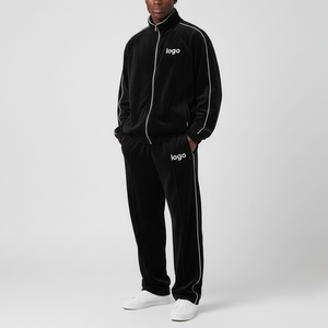 Survêtement de luxe pour homme en velours noir 100 % coton, avec logo personnalisé OEM imprimé, design passepoil, vente en gros - Product Image 5