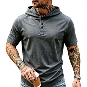 Men's Hooded Henley T-Shirt Short Sleeve Slim Fit Casual Solid Color Knitted Pullover Hoodie Top for Summer Streetwear - Product Image 3