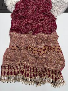 Ensemble de robe traditionnelle en soie douce Gajji marron, brodée, réversible, infroissable, avec travail miroir, pour femmes, Inde, Pakistan, mariage - Product Image 3