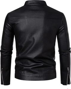 Chaqueta de Motociclista de Cuero Negra para Hombre, Cuello Alto, Cierre de Cremallera, Corte Ajustado, Manga Regular, Estilo Otoñal - Product Image 6