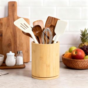 Premium Acacia Wood <b>Kitchen</b> Utensils 360 Rotating Holder Wood <b>Kitchen</b> Organizer <b>Caddy</b> Rotating Lazy Susan Utensil Holder - Product Image 6