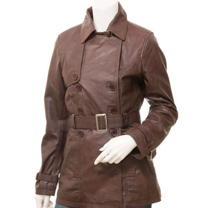 Custom Women's Brown Genuine Leather Double Breasted <b>Trench</b> <b>Coat</b> With Belt And Turn Down Collar Full Sleeve Winter Style - Product Image 2